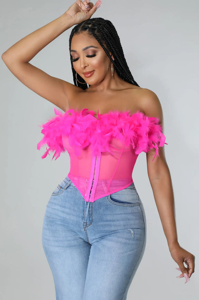 Faux Feather Sheer Bustier off Shoulder Pink Top - MODERN GIRL TREND INC.