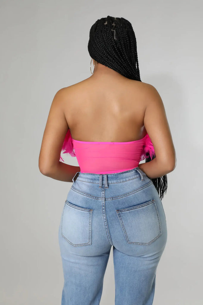 Faux Feather Sheer Bustier off Shoulder Pink Top - MODERN GIRL TREND INC.