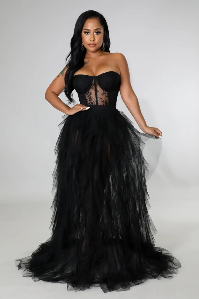 High Fashion Corset Mesh Tulle Black Sheer Maxi Party Dress - MODERN GIRL TREND INC.