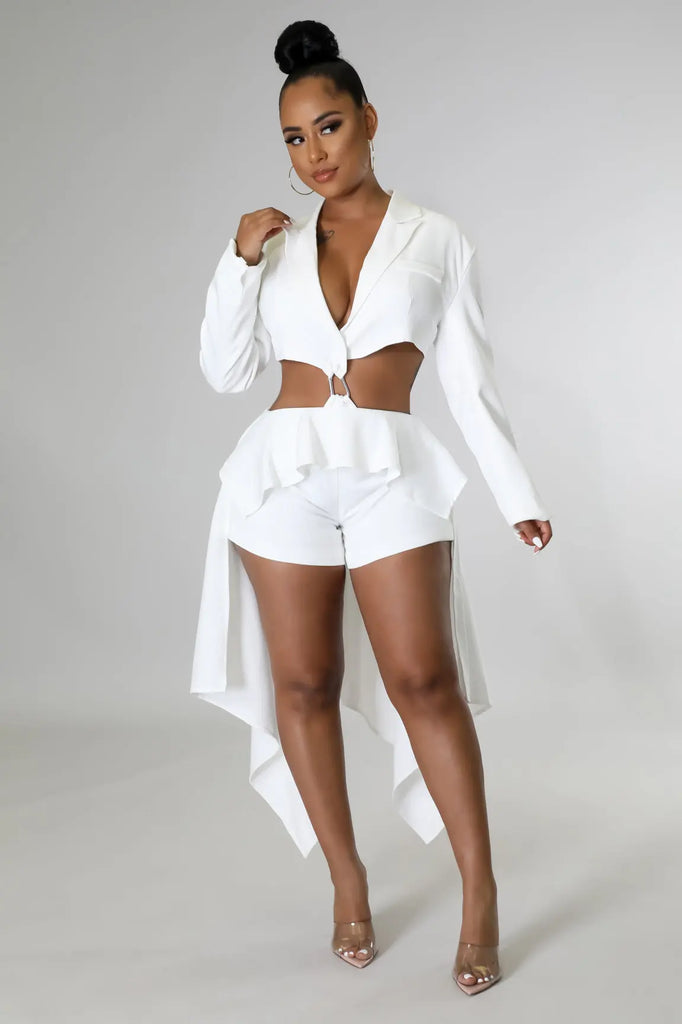 Padded Shoulder Crop Top Blazer White Shorts Set - MODERN GIRL TREND INC.
